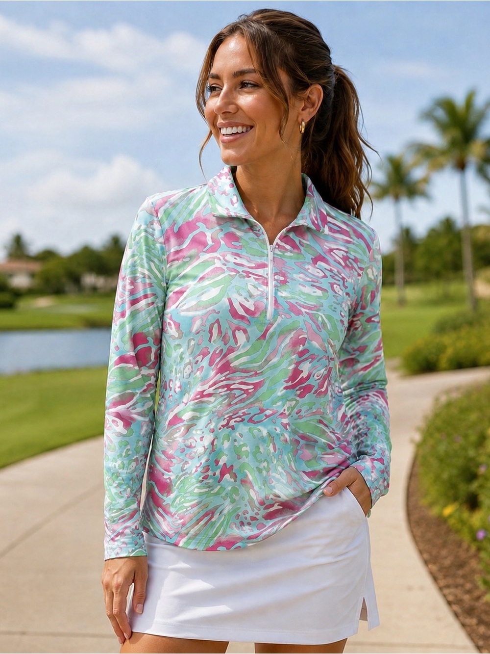 ICIKULS Colorful Abstract Print Quarter Zip Long Sleeve Top M Stretch Golf
